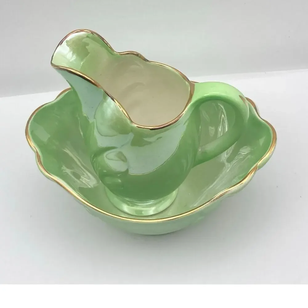 Vintage Maling Pottery Cream Jug & Sugar Bowl Set Green Lusterware Pearlescent